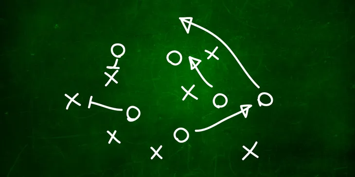 Chalkboard with a strategic sports play diagram using Xs and Os.